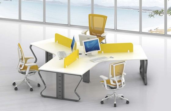 B shape 3 person  staff use office desk workstation 120 degree distribute